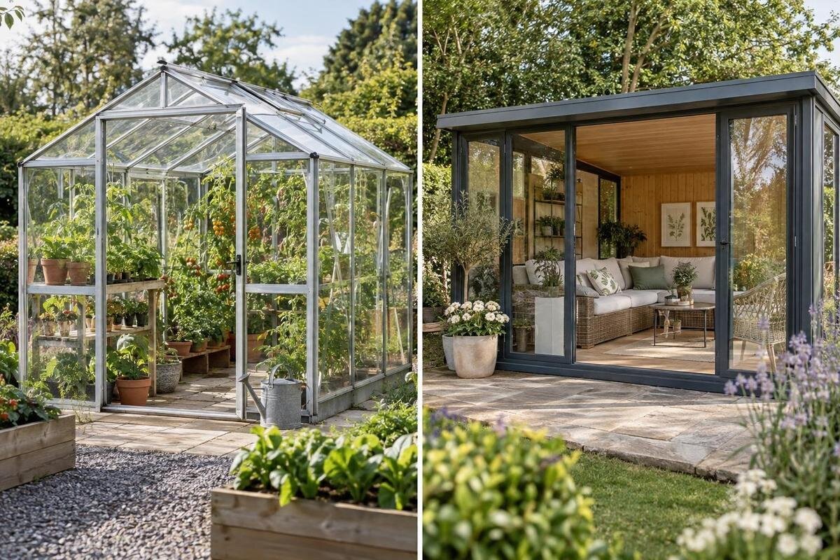 Gewächshaus oder Gartenzimmer: Pflanzen und Sitzplatz planen
