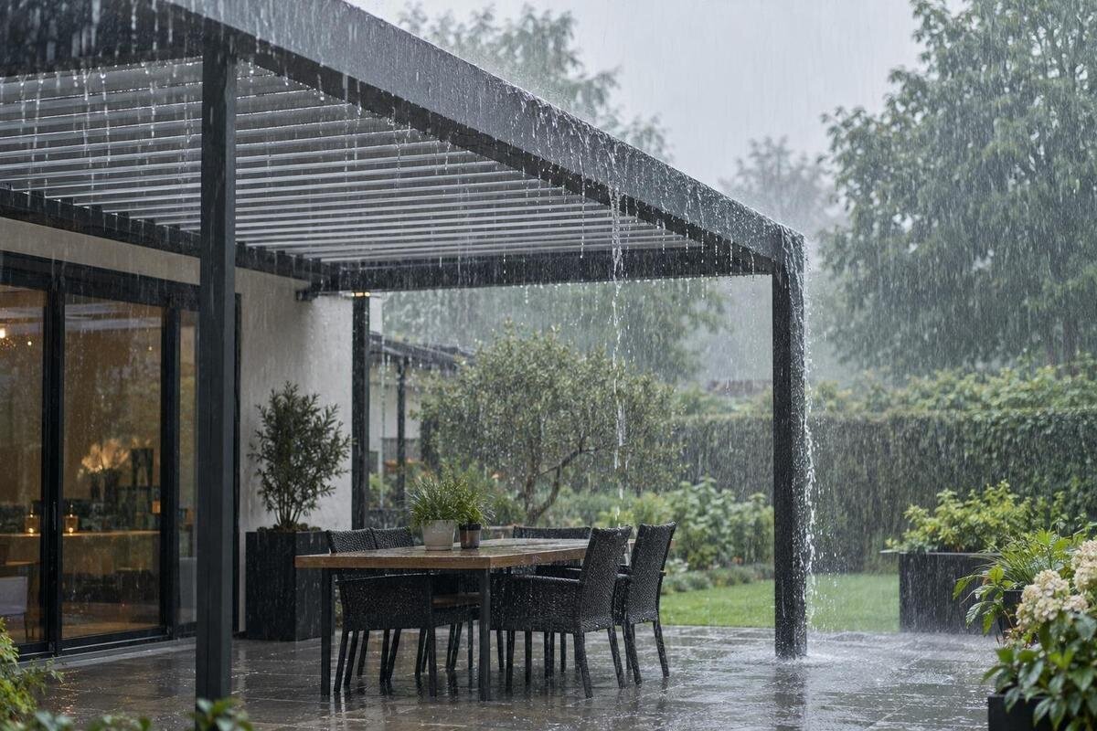 Blijft een lamellenpergola droog tijdens felle regen?