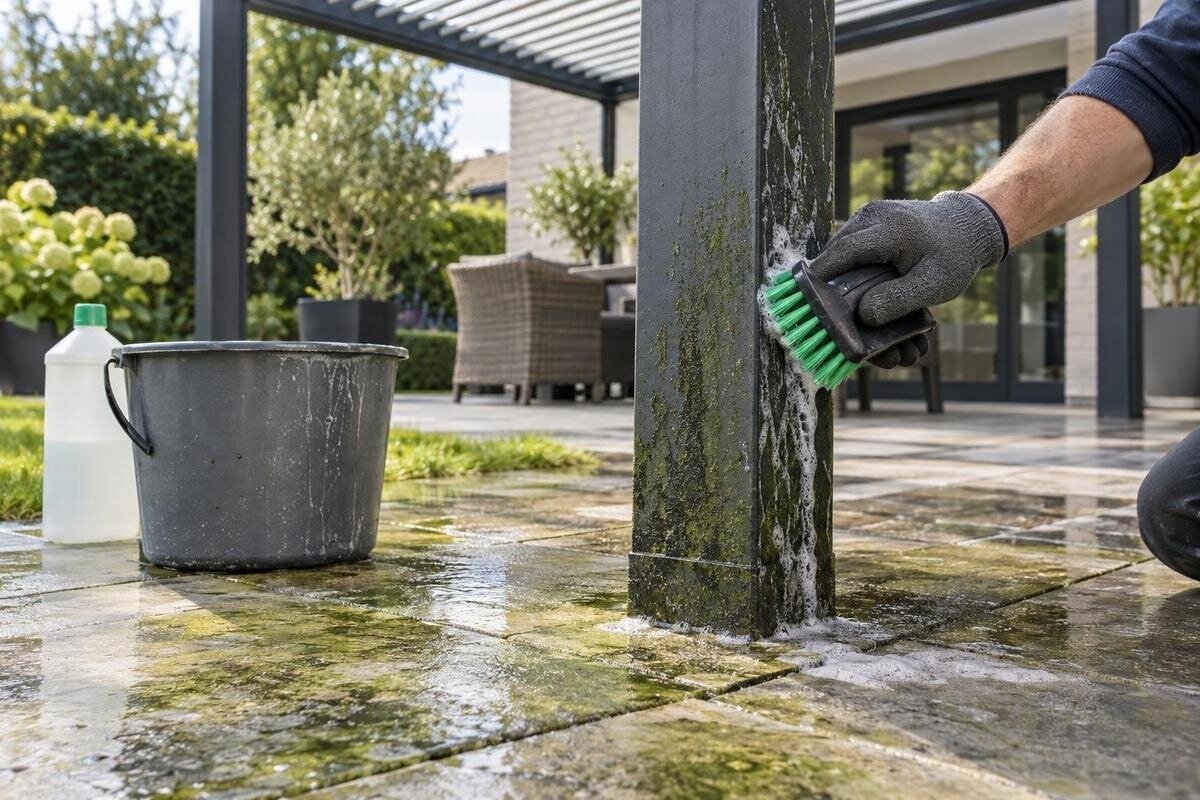 Algen verwijderen van pergolapalen en terrasbestrating