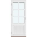 1 naar buiten draaiende deurvleugel met verticaal glas, 2 horizontale roeden, 1 verticale roede en paneel