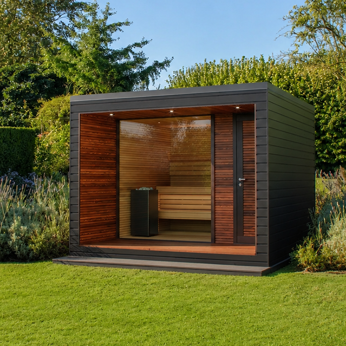 Bloomcabin Osa 350 große Außensauna mit Terrasse und Panorama-Glasfront