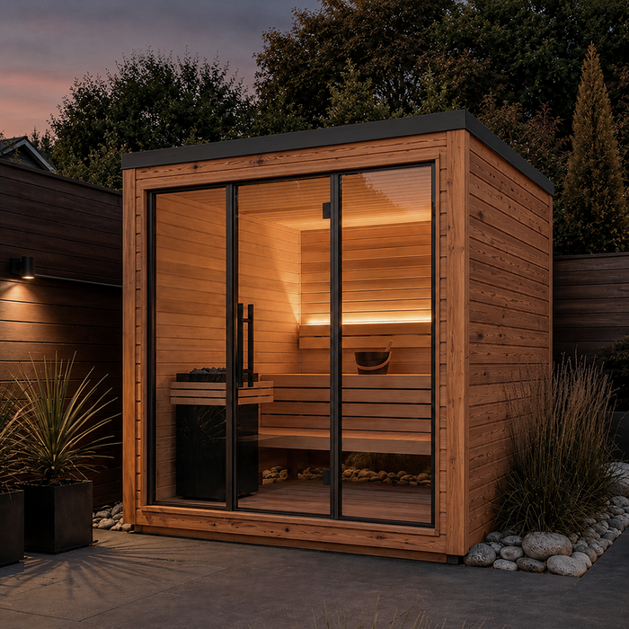 Moderne Bloomcabin Außensauna Elma L mit Glasfront für den Garten