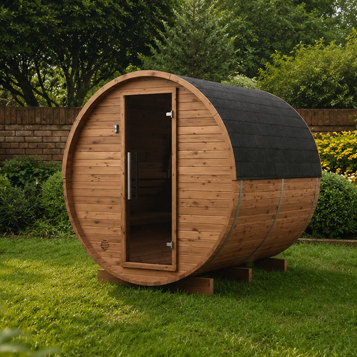 Bloomcabin HC 225 Fasssauna aus Thermoholz für zwei bis drei Personen mit Holzofen