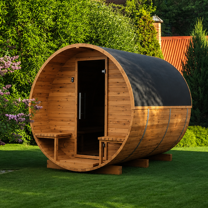 Bloomcabin LC 225 kompakte Fasssauna aus Thermoholz mit Vorraum