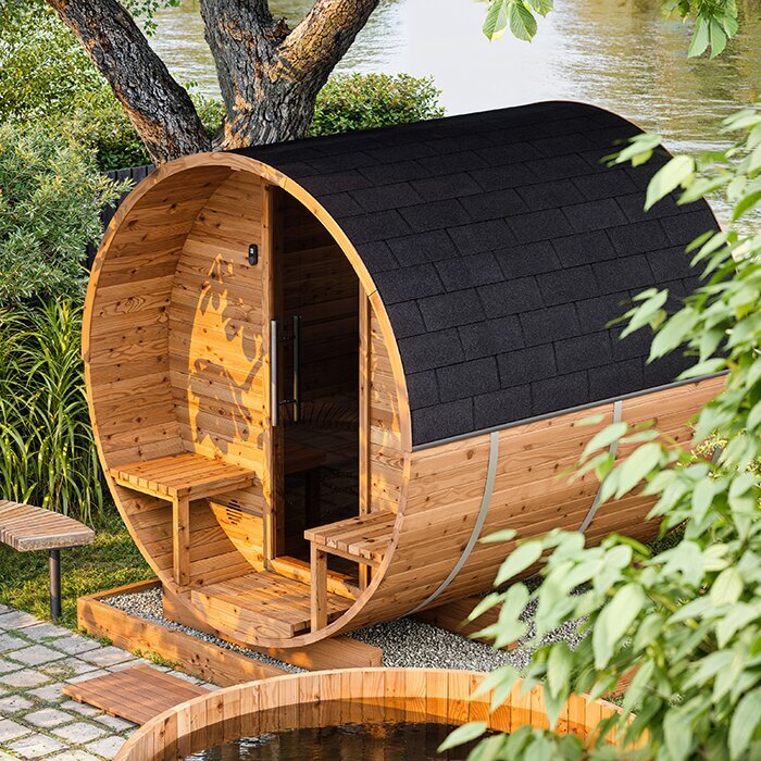 Bloomcabin LCF 225 hohe Fasssauna aus Thermoholz mit Vorraum
