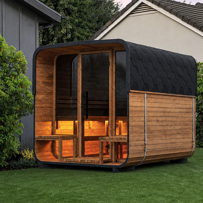 Bloomcabin Fasssauna N 250 aus Thermoholz mit Vorraum für Garten und Terrasse