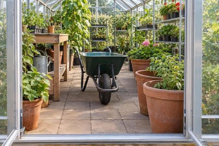 Gewächshauszugang für Schubkarre und große Kübel planen