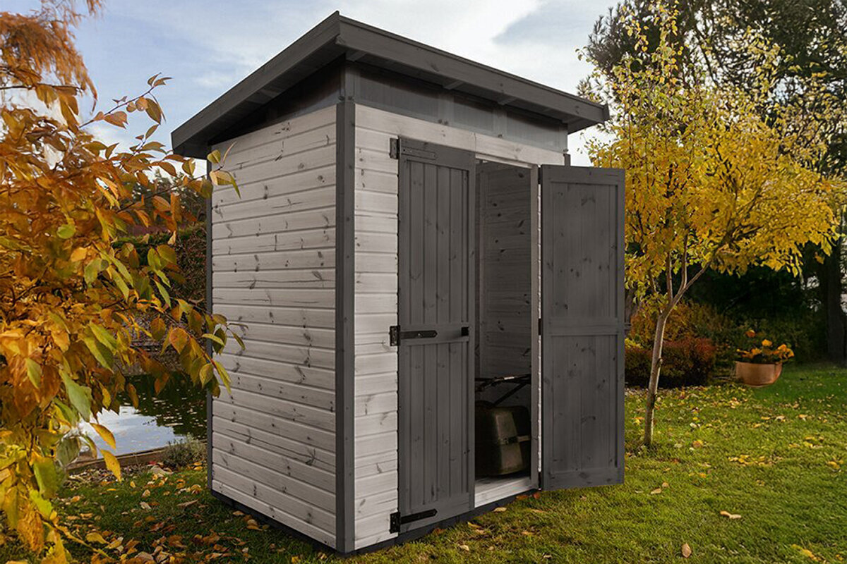 Holz Gartenhaus M kaufen – hochwertiger Geräteschuppen aus Holz mit nordischem Design, großem Stauraum & fairem Preis von Bloomcabin Deutschland