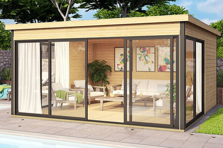 Verdana 2 – modernes holz gartenhaus un gartenhaus aus Massivholz mit Glas-Schiebetüren