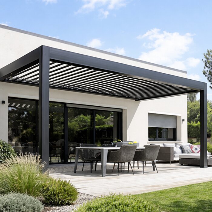 Pergola en aluminium Bloomcabin sur une terrasse moderne