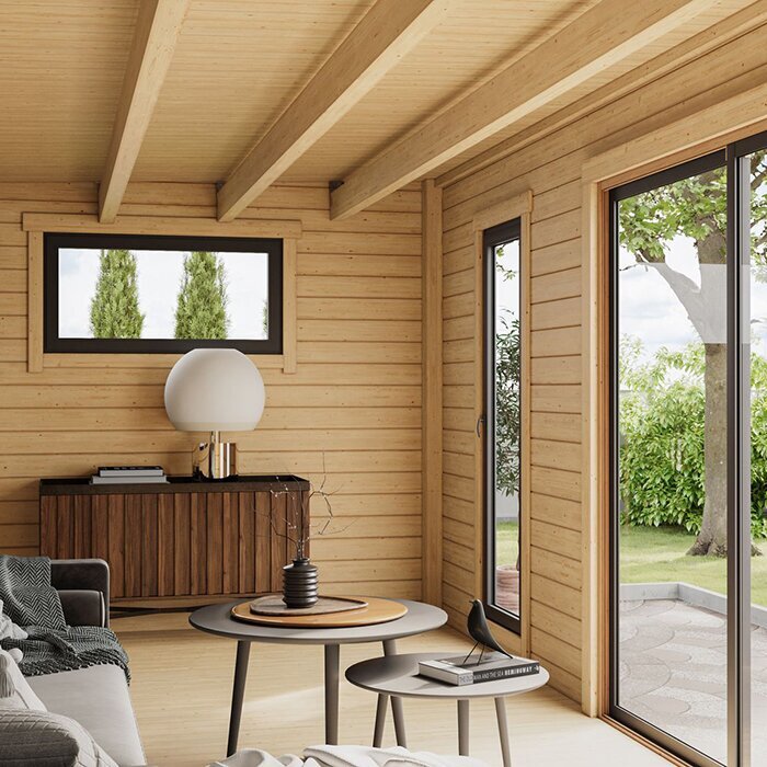 Modano – Maison de jardin moderne en bois avec façade vitrée modulable et design nordique