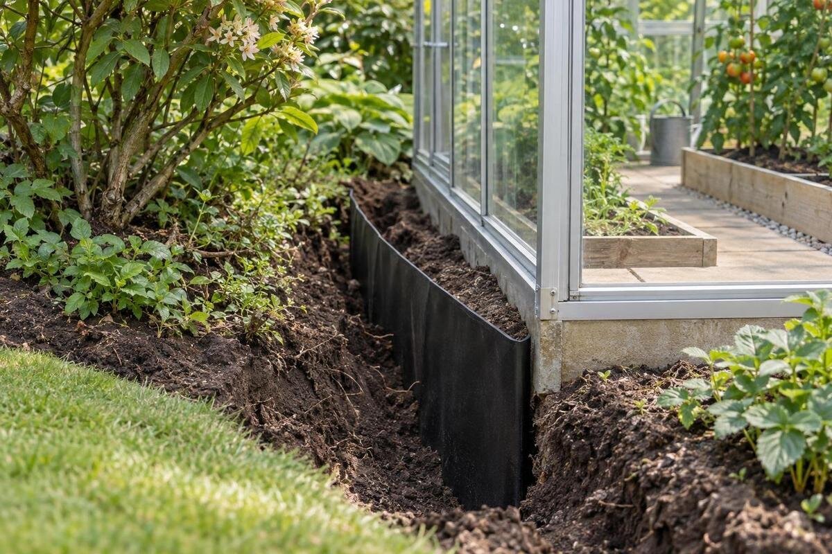 Barriere antiradice per una serra vicina ad alberi e siepi