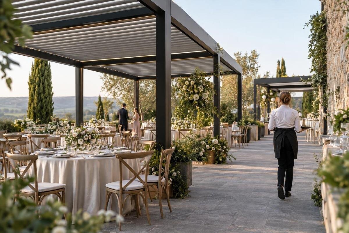 Pergole per location di matrimoni: posti a sedere e percorsi di servizio