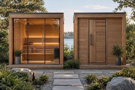 Facciata della sauna in vetro o legno: privacy e stile