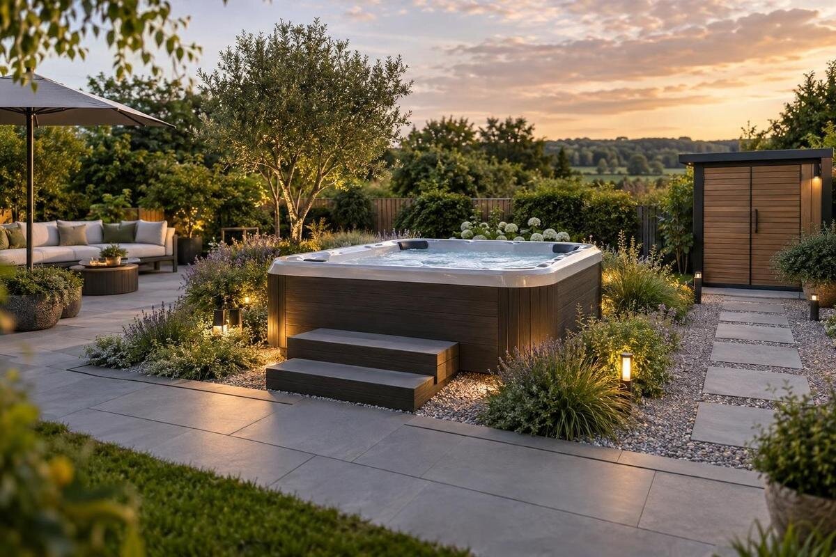 Vasca idromassaggio in giardino: sedute, percorsi, luci e accessori