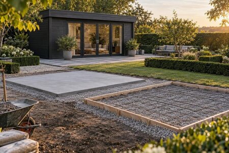 Betonplatte als Fundament für ein Gartenhaus aus Holz