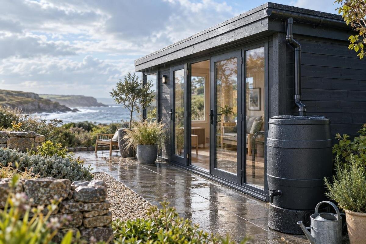 Prévoir les gouttières d’un abri de jardin et collecter l’eau de pluie