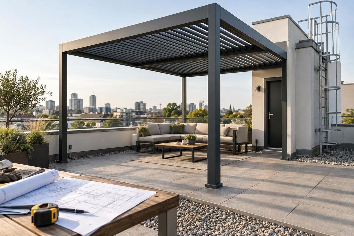 Pergola uz jumta terases: slodzes, hidroizolācija un piekļuve
