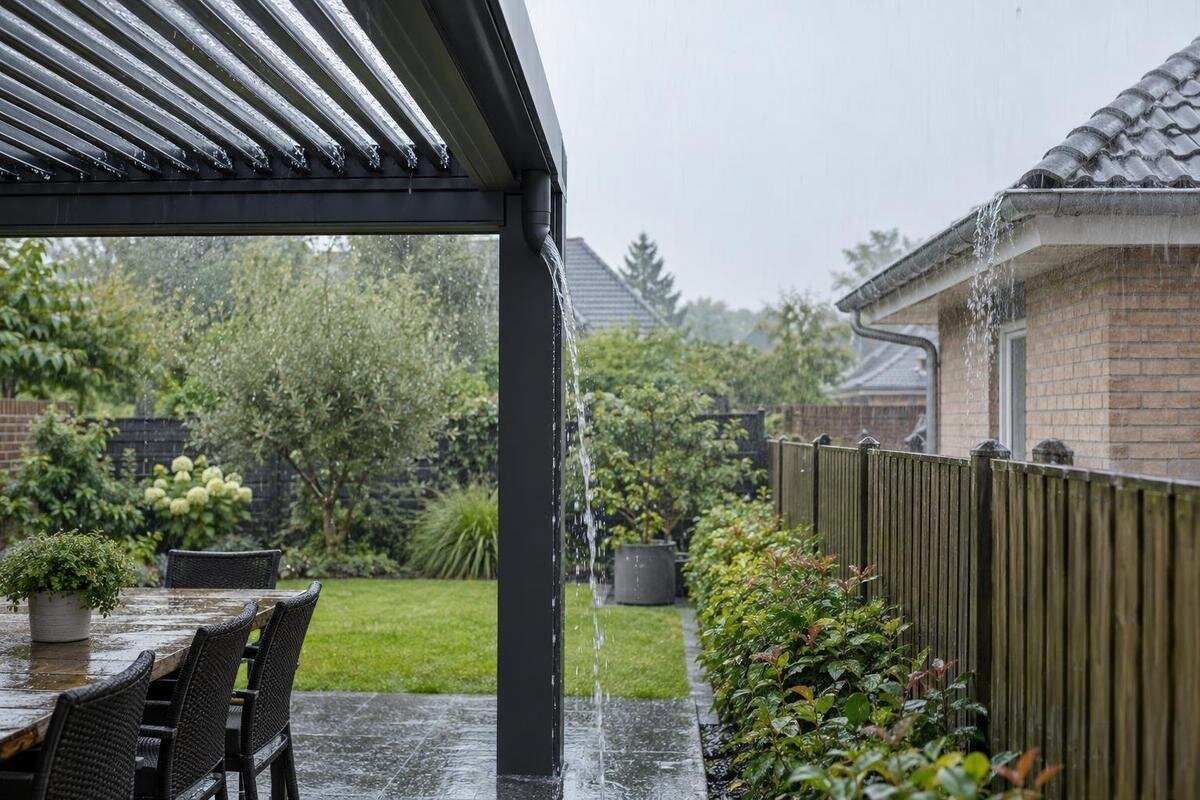 Kā plānot pergolas lietusūdens novadīšanu, nenovirzot to uz kaimiņu īpašumu