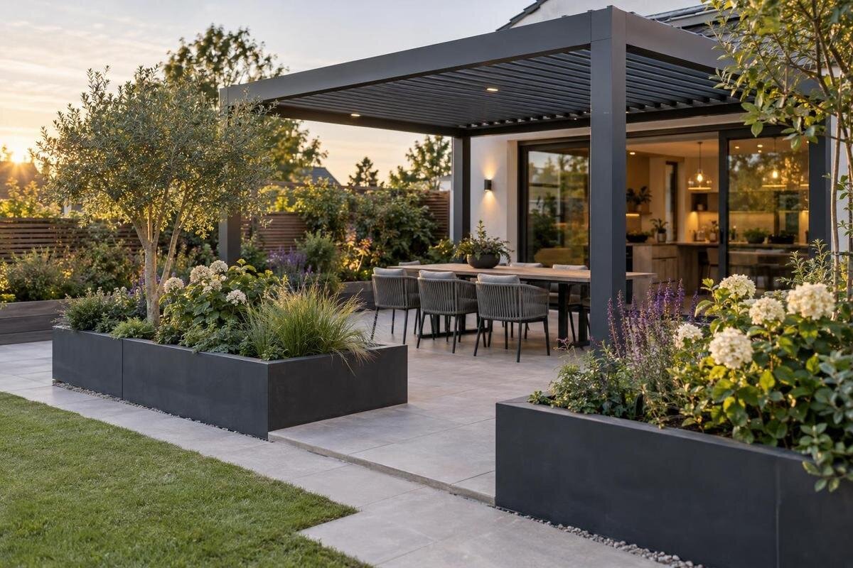 Pergola kopā ar paaugstinātām dobēm