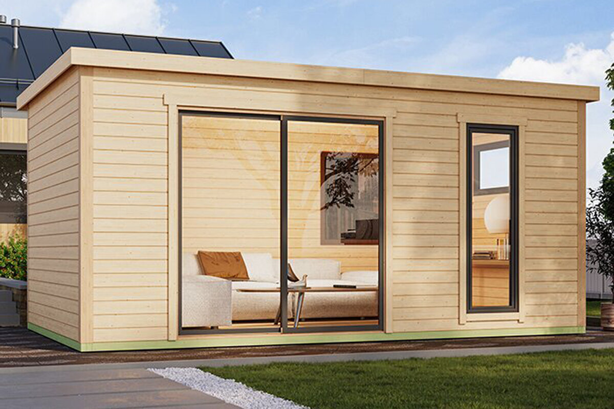 Bloomcabin Modano 7 – Modern houten tuinhuis met glazen gevel, Scandinavisch design en premium kwaliteit