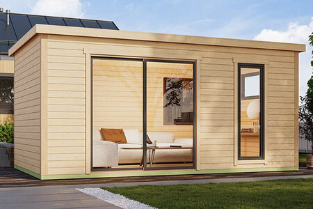 Bloomcabin Modano 7 – Modern houten tuinhuis met glazen gevel, Scandinavisch design en premium kwaliteit