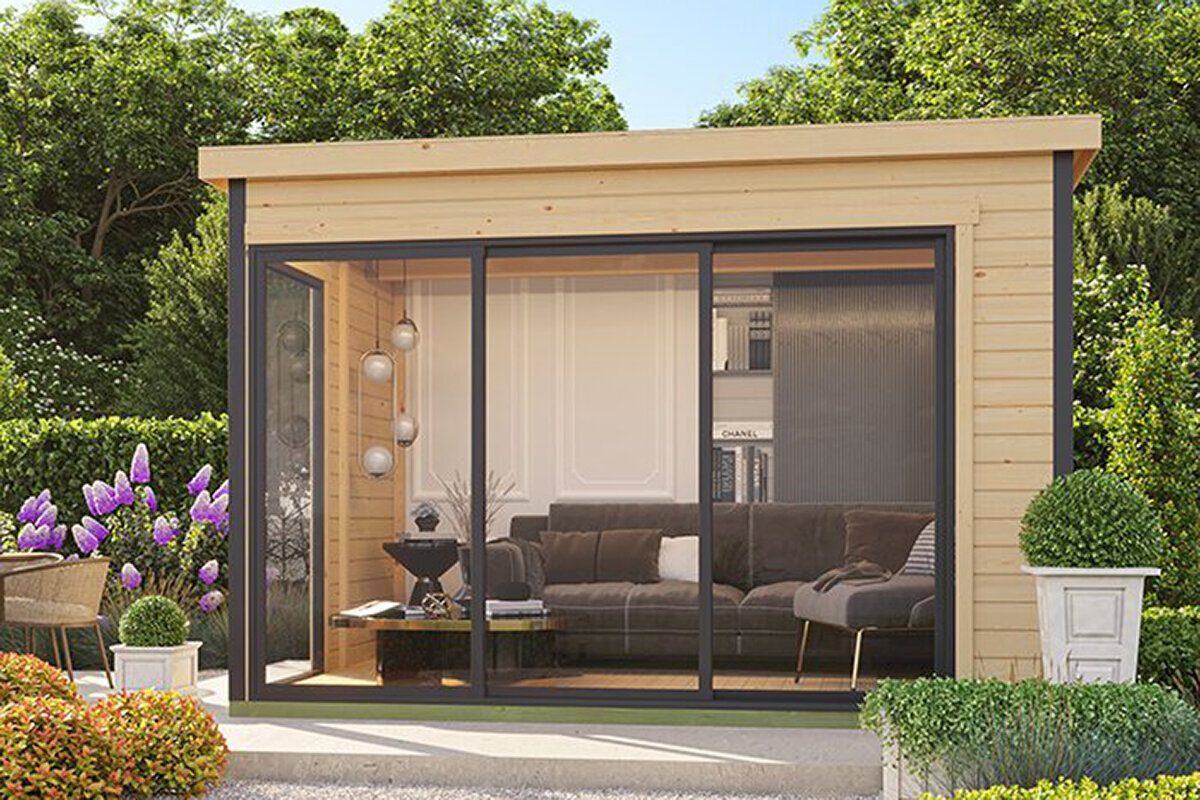 Modern Houten Tuinhuis Bloomcabin Modano 5 – Scandinavisch Design met Verstelbare Glazen Gevel