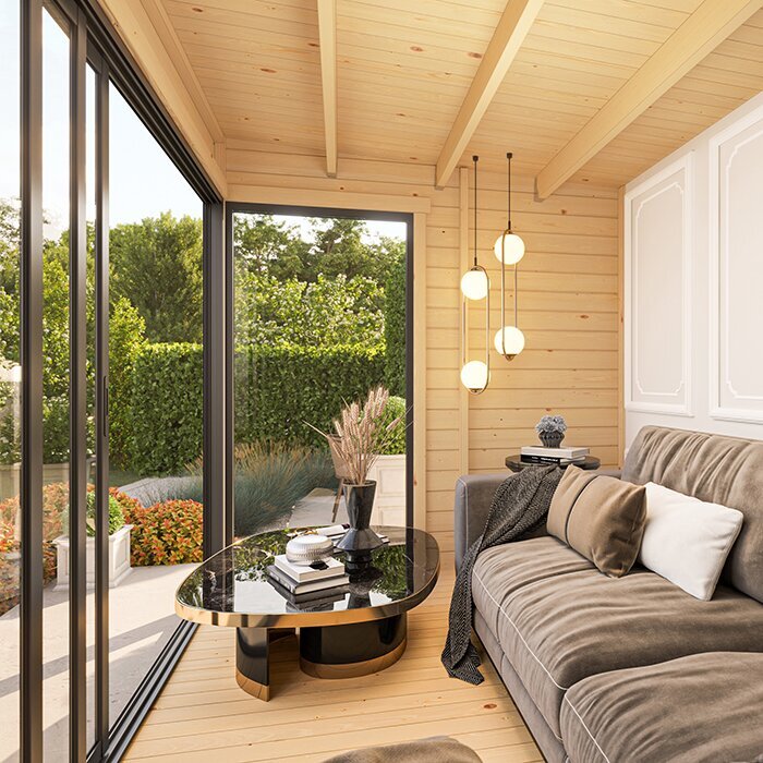 Modano – Modern houten tuinhuis met verstelbare glazen gevel en Scandinavisch design