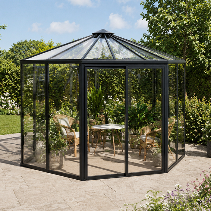 Hexagon greenhouse with roof vents and integrated gutters