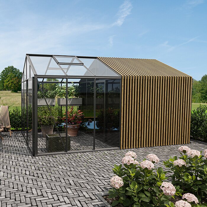 Classic aluminum greenhouse with built-in storage and Accoya wood fusion USA