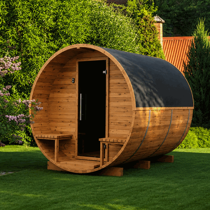 Thermowood barrel sauna in an outdoor setting