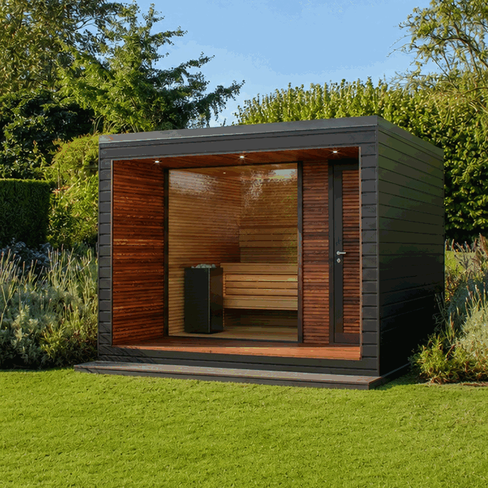 Spacious outdoor sauna cabin with front glazing