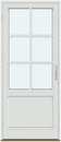 1 outswing door leaf with vertical glass, 2 horizontal decorative bars, 1 vertical decorative bar, and a panel